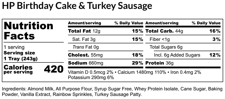 Nutritional Facts - HP Birthday Cake & Turkey Sausage 6oz
